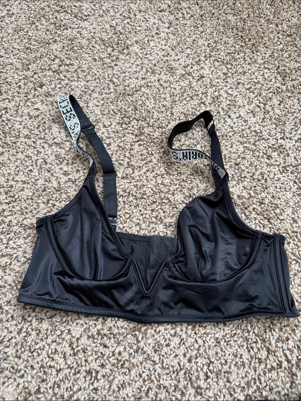Victoria's Secret Black Satin Underwire Bra with Logo Straps